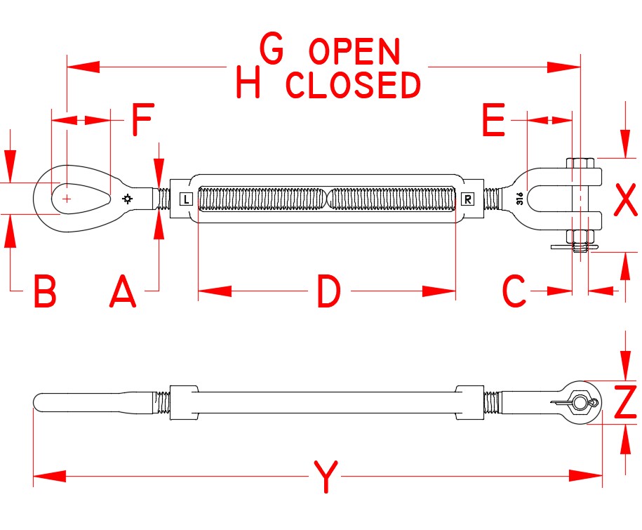 Stainless Steel Forged Jaw and Eye Turnbuckle, S0109-JE07, S0109-JE08, S0109-JE10, S0109-JE13, S0109-JE16, S0109-JE20, S0109-JE25, S0109-JE25-1, S0109-JE25-1, Line Drawing Stainless Steel Forged Jaw and Eye Turnbuckle, S0109-JE07, S0109-JE08, S0109-JE10, S0109-JE13, S0109-JE16, S0109-JE20, S0109-JE25, S0109-JE25-1, S0109-JE25-1, Line Drawing